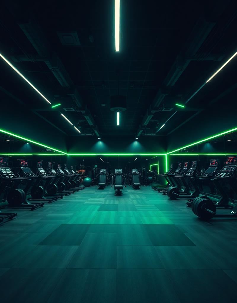 Premium dark-lit gym facility with neon accents